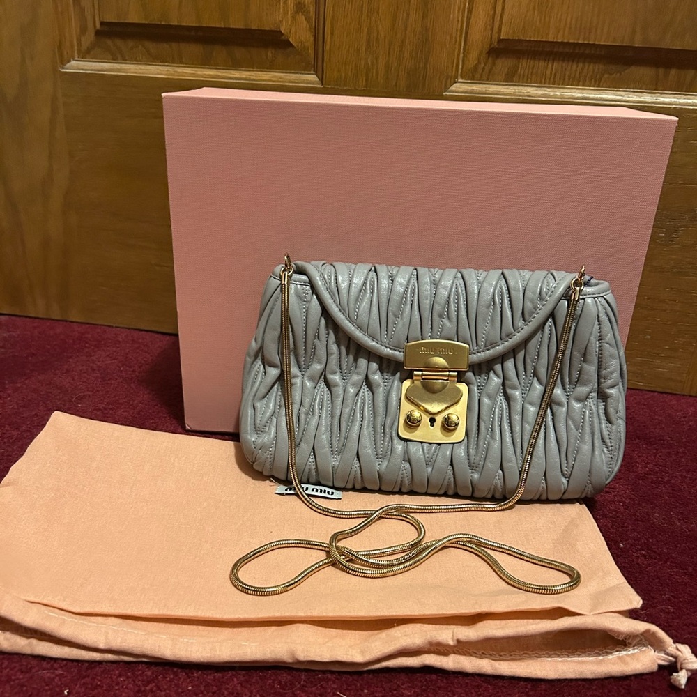 Miu Miu matelasse leather Gray Crossbody Bag with Gold Accents